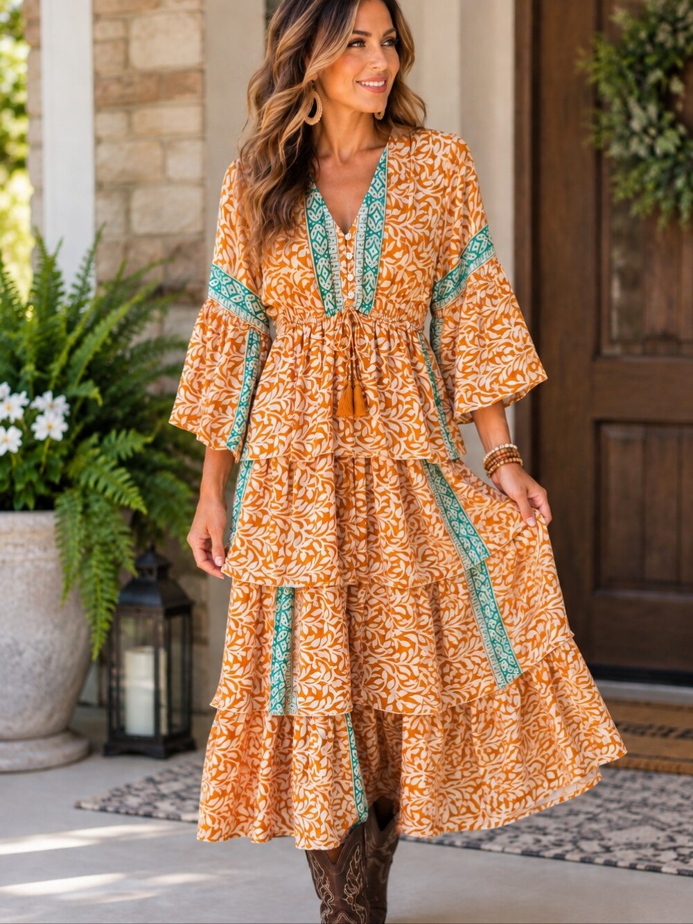 Boho Tiered Orange Floral Maxi Dress with Green Trim